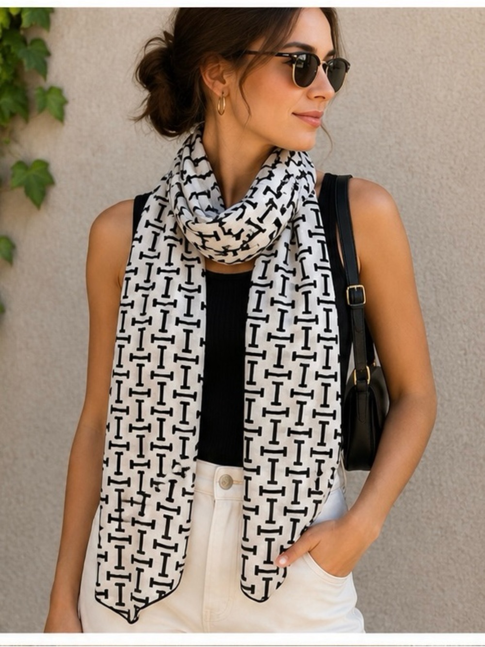 Black White I Monogram Scarf 64x26 Silk Blend 30% Silk Long Lightweight Wrap